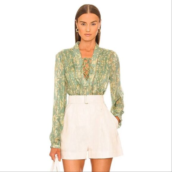 Rag & Bone Sachi Pleated Floral Print Sheer‎ Blouse Sage Green Small - Picture 4 of 16